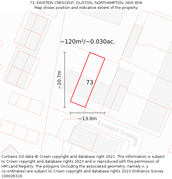 73, EINSTEIN CRESCENT, DUSTON, NORTHAMPTON, NN5 6FW: Plot and title map