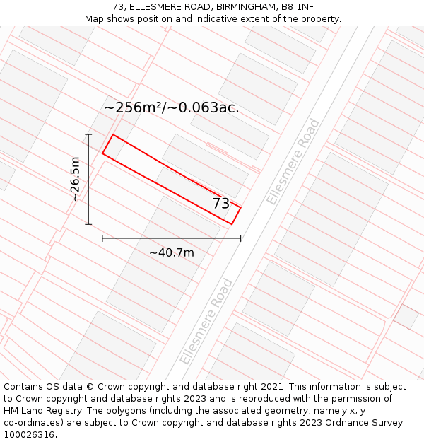 73, ELLESMERE ROAD, BIRMINGHAM, B8 1NF: Plot and title map