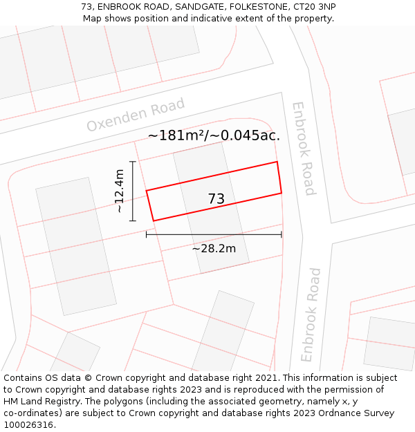 73, ENBROOK ROAD, SANDGATE, FOLKESTONE, CT20 3NP: Plot and title map