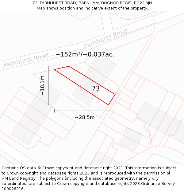 73, FARNHURST ROAD, BARNHAM, BOGNOR REGIS, PO22 0JN: Plot and title map