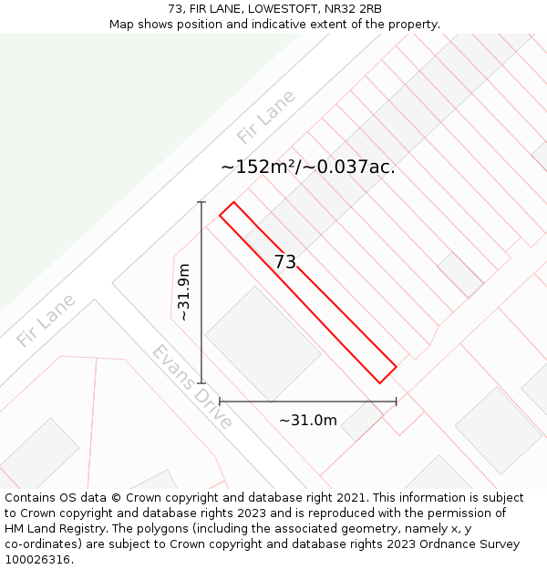 73, FIR LANE, LOWESTOFT, NR32 2RB: Plot and title map