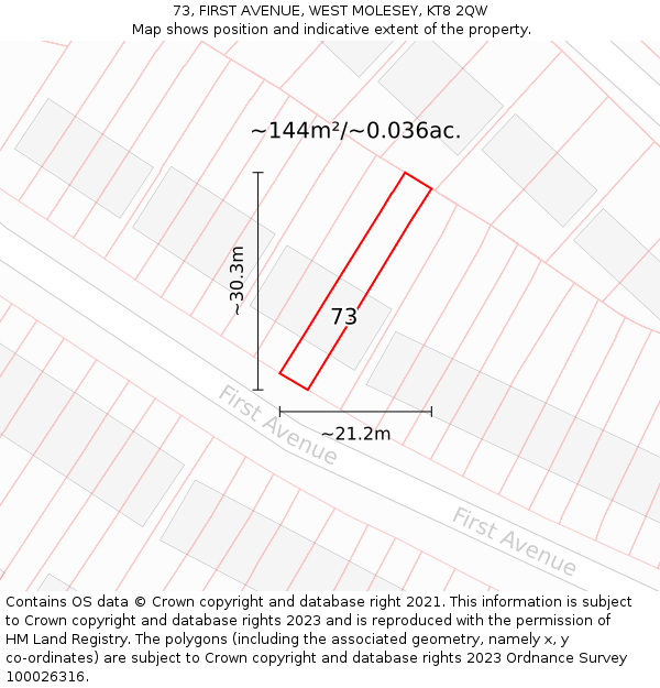73, FIRST AVENUE, WEST MOLESEY, KT8 2QW: Plot and title map