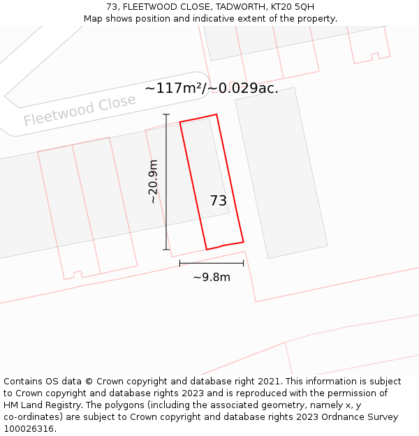 73, FLEETWOOD CLOSE, TADWORTH, KT20 5QH: Plot and title map