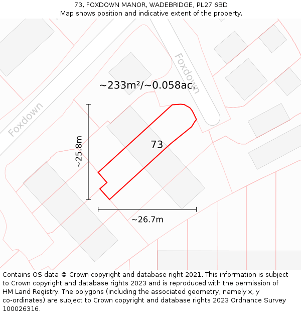 73, FOXDOWN MANOR, WADEBRIDGE, PL27 6BD: Plot and title map