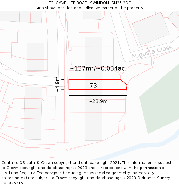 73, GAVELLER ROAD, SWINDON, SN25 2DG: Plot and title map