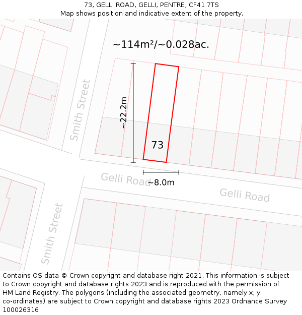 73, GELLI ROAD, GELLI, PENTRE, CF41 7TS: Plot and title map