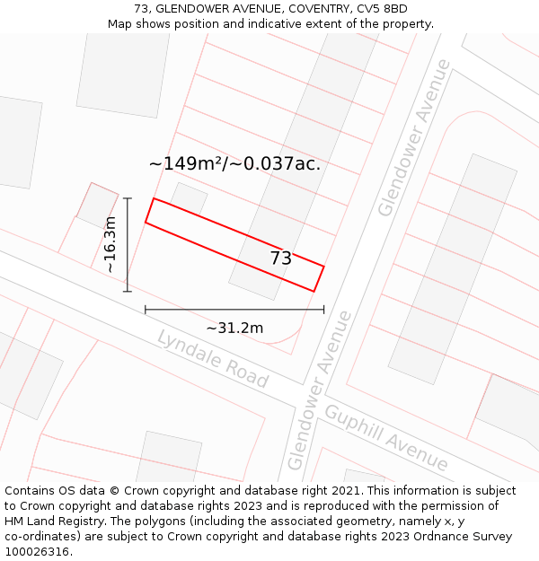 73, GLENDOWER AVENUE, COVENTRY, CV5 8BD: Plot and title map