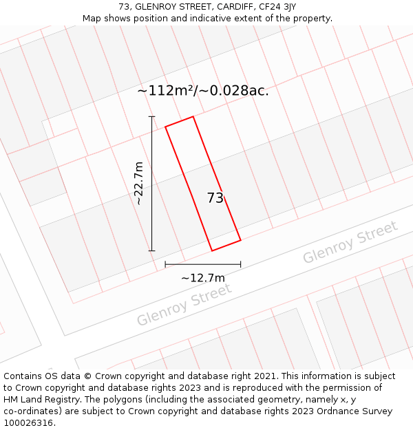 73, GLENROY STREET, CARDIFF, CF24 3JY: Plot and title map