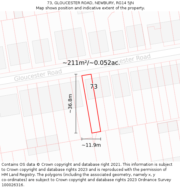 73, GLOUCESTER ROAD, NEWBURY, RG14 5JN: Plot and title map