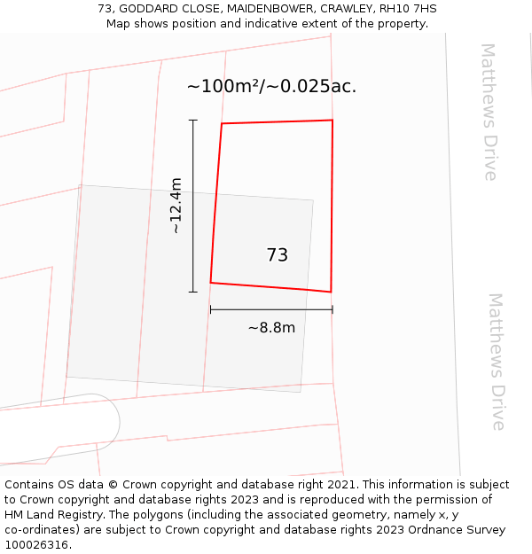 73, GODDARD CLOSE, MAIDENBOWER, CRAWLEY, RH10 7HS: Plot and title map