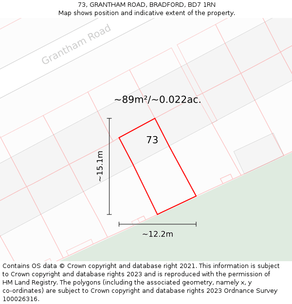 73, GRANTHAM ROAD, BRADFORD, BD7 1RN: Plot and title map