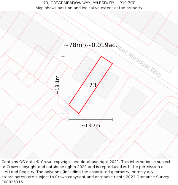 73, GREAT MEADOW WAY, AYLESBURY, HP19 7GF: Plot and title map