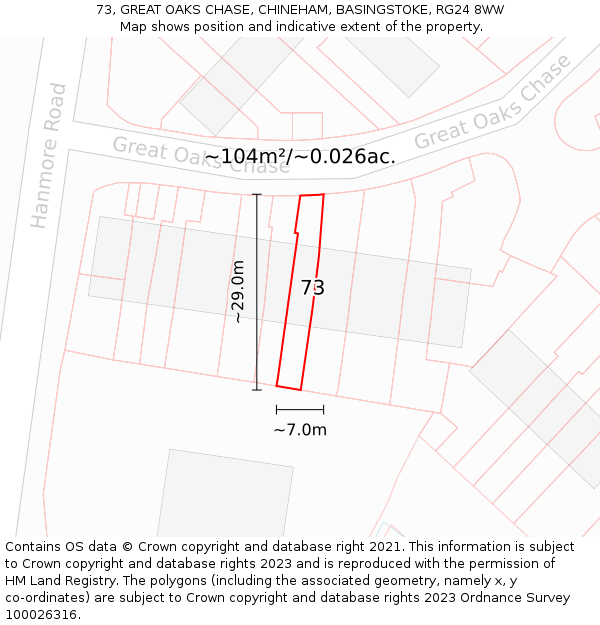 73, GREAT OAKS CHASE, CHINEHAM, BASINGSTOKE, RG24 8WW: Plot and title map
