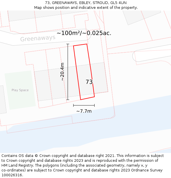 73, GREENAWAYS, EBLEY, STROUD, GL5 4UN: Plot and title map