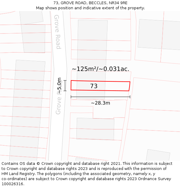 73, GROVE ROAD, BECCLES, NR34 9RE: Plot and title map