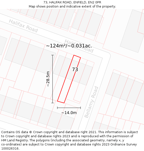 73, HALIFAX ROAD, ENFIELD, EN2 0PR: Plot and title map