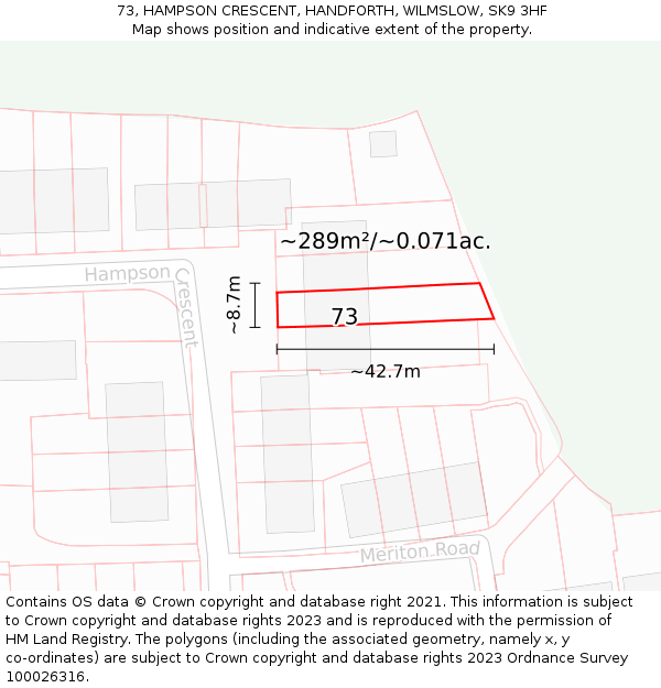 73, HAMPSON CRESCENT, HANDFORTH, WILMSLOW, SK9 3HF: Plot and title map
