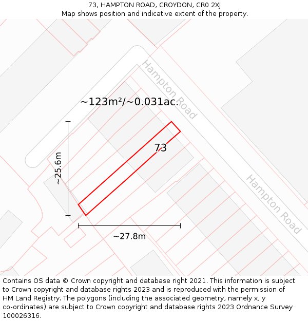 73, HAMPTON ROAD, CROYDON, CR0 2XJ: Plot and title map