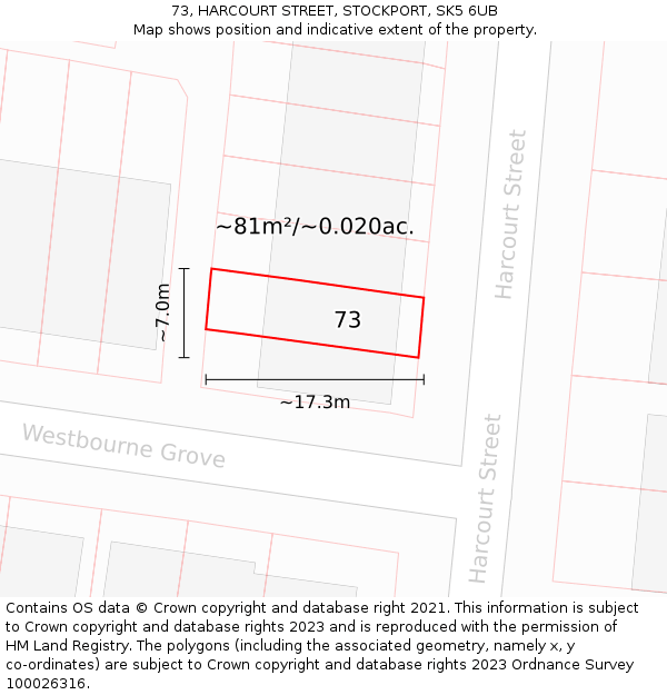 73, HARCOURT STREET, STOCKPORT, SK5 6UB: Plot and title map