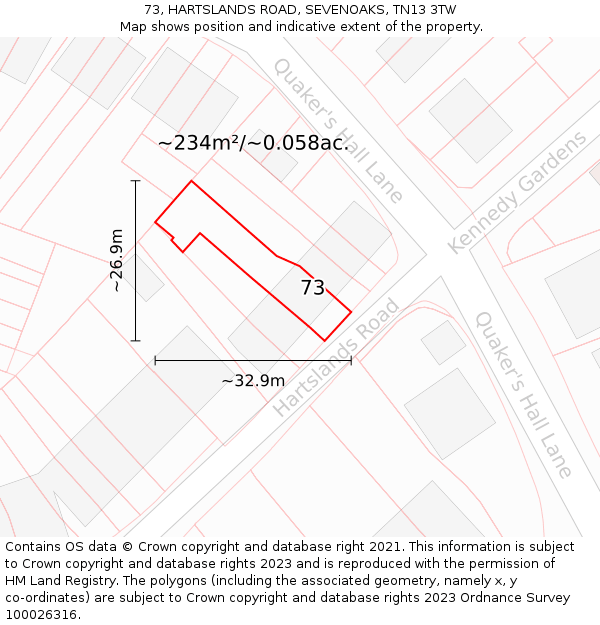 73, HARTSLANDS ROAD, SEVENOAKS, TN13 3TW: Plot and title map