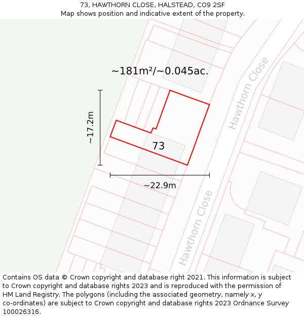 73, HAWTHORN CLOSE, HALSTEAD, CO9 2SF: Plot and title map