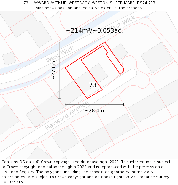 73, HAYWARD AVENUE, WEST WICK, WESTON-SUPER-MARE, BS24 7FR: Plot and title map