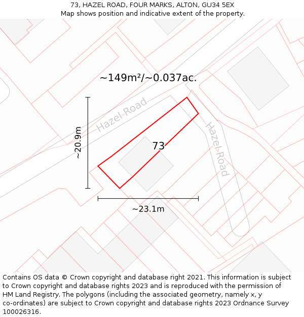 73, HAZEL ROAD, FOUR MARKS, ALTON, GU34 5EX: Plot and title map