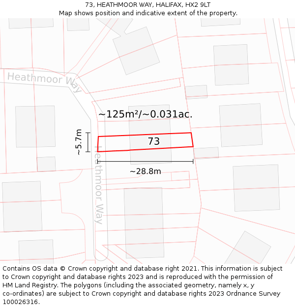 73, HEATHMOOR WAY, HALIFAX, HX2 9LT: Plot and title map