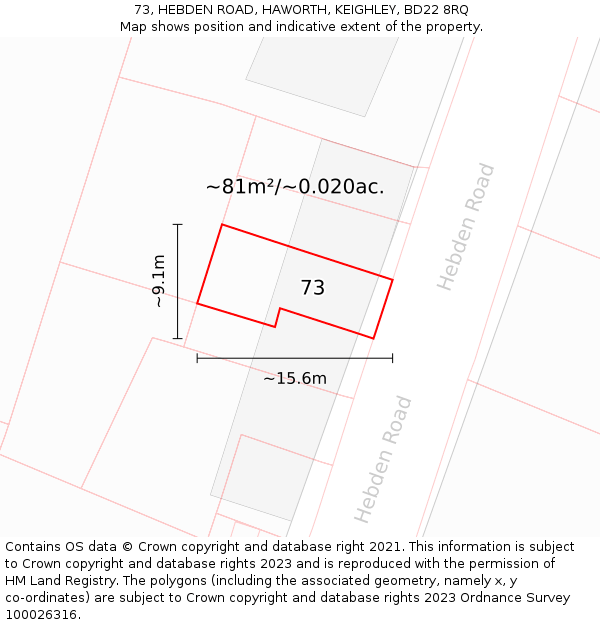 73, HEBDEN ROAD, HAWORTH, KEIGHLEY, BD22 8RQ: Plot and title map