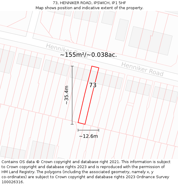 73, HENNIKER ROAD, IPSWICH, IP1 5HF: Plot and title map