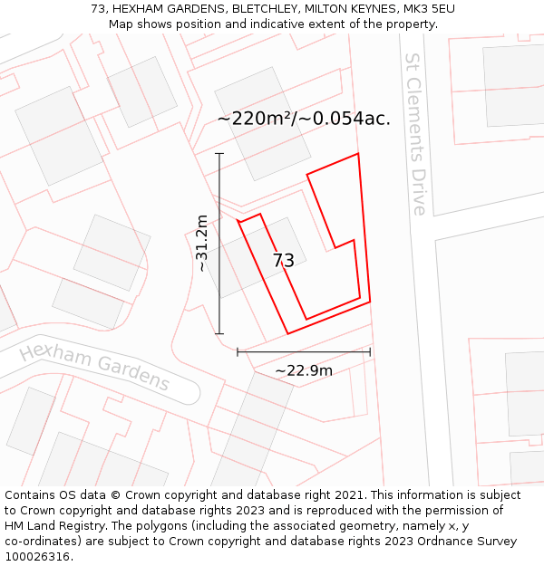 73, HEXHAM GARDENS, BLETCHLEY, MILTON KEYNES, MK3 5EU: Plot and title map