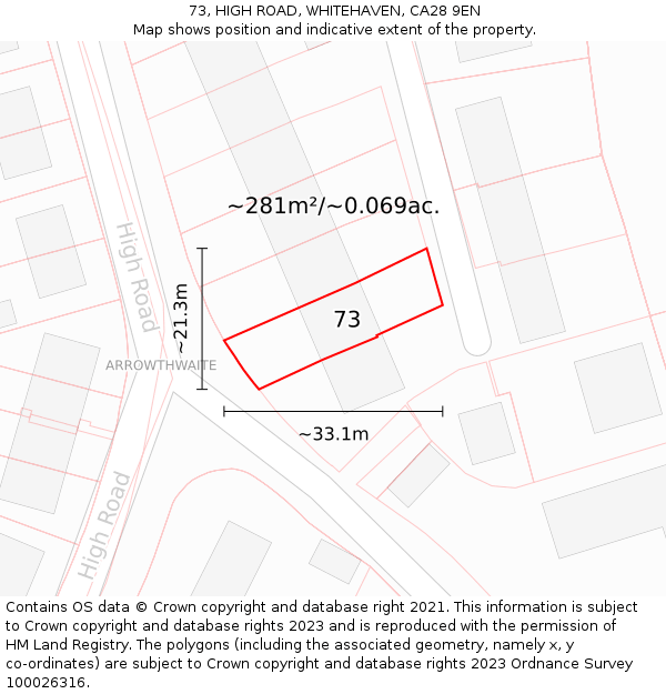 73, HIGH ROAD, WHITEHAVEN, CA28 9EN: Plot and title map