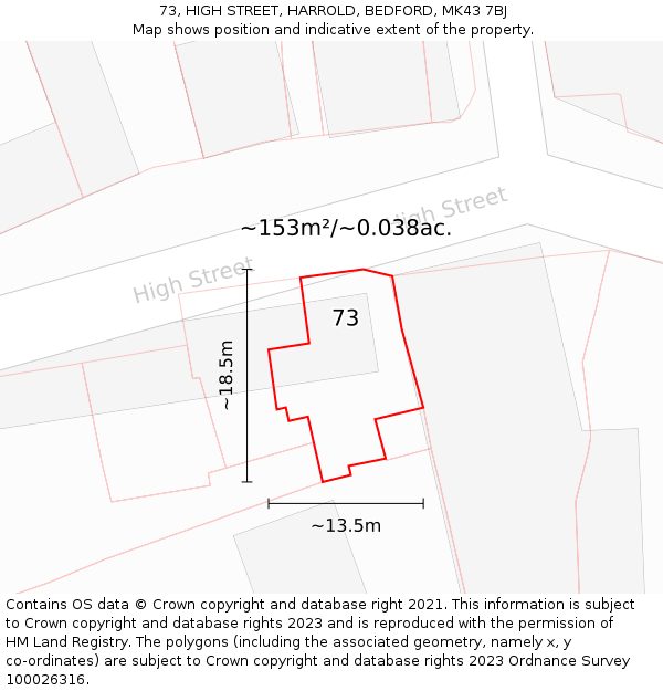 73, HIGH STREET, HARROLD, BEDFORD, MK43 7BJ: Plot and title map