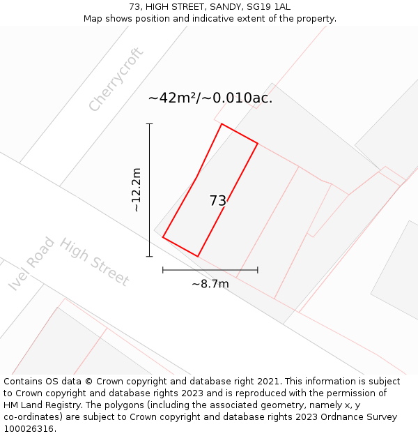 73, HIGH STREET, SANDY, SG19 1AL: Plot and title map