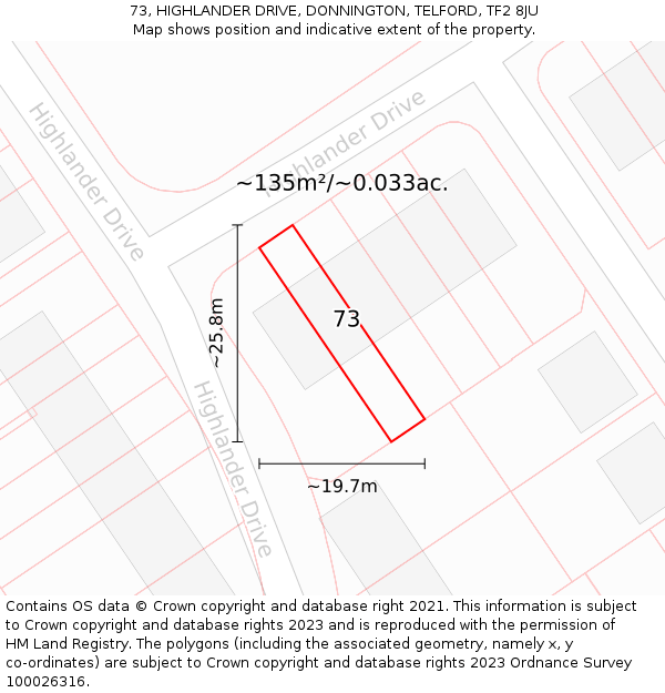73, HIGHLANDER DRIVE, DONNINGTON, TELFORD, TF2 8JU: Plot and title map