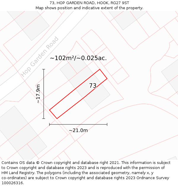 73, HOP GARDEN ROAD, HOOK, RG27 9ST: Plot and title map