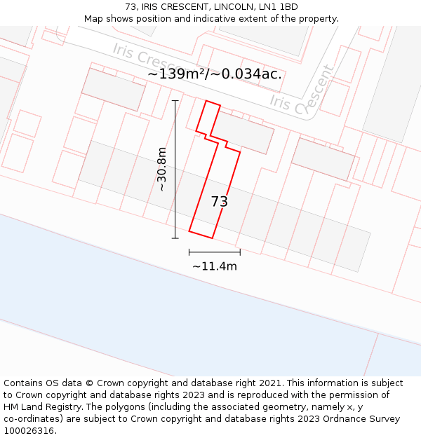 73, IRIS CRESCENT, LINCOLN, LN1 1BD: Plot and title map