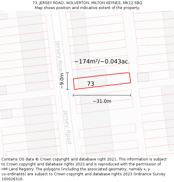 73, JERSEY ROAD, WOLVERTON, MILTON KEYNES, MK12 5BQ: Plot and title map