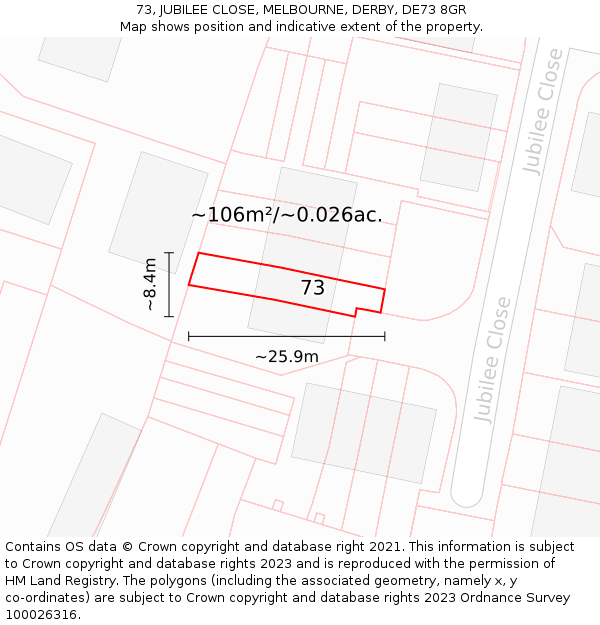 73, JUBILEE CLOSE, MELBOURNE, DERBY, DE73 8GR: Plot and title map
