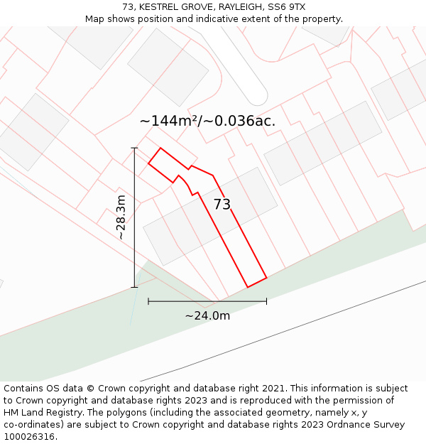 73, KESTREL GROVE, RAYLEIGH, SS6 9TX: Plot and title map