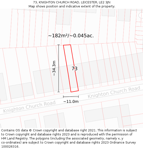 73, KNIGHTON CHURCH ROAD, LEICESTER, LE2 3JN: Plot and title map
