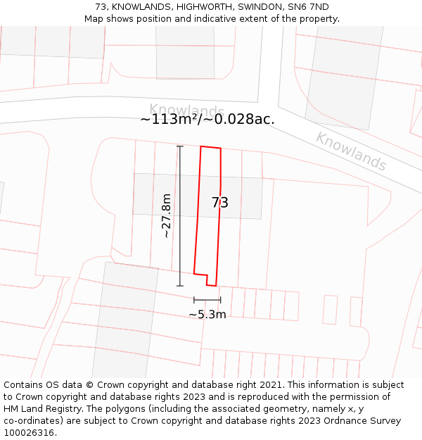 73, KNOWLANDS, HIGHWORTH, SWINDON, SN6 7ND: Plot and title map