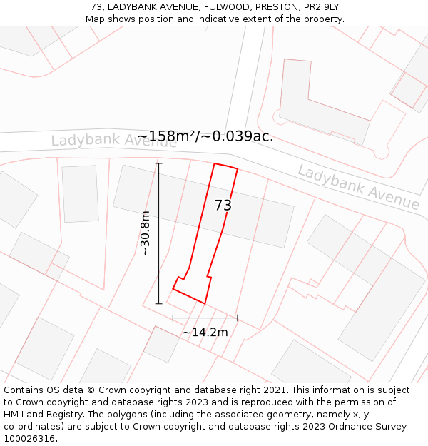 73, LADYBANK AVENUE, FULWOOD, PRESTON, PR2 9LY: Plot and title map