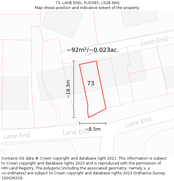 73, LANE END, PUDSEY, LS28 9AQ: Plot and title map