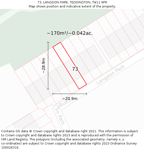 73, LANGDON PARK, TEDDINGTON, TW11 9PR: Plot and title map