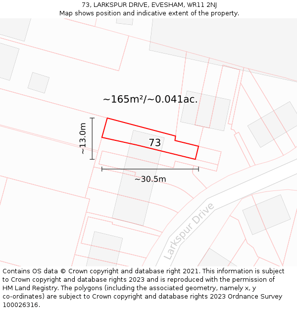 73, LARKSPUR DRIVE, EVESHAM, WR11 2NJ: Plot and title map