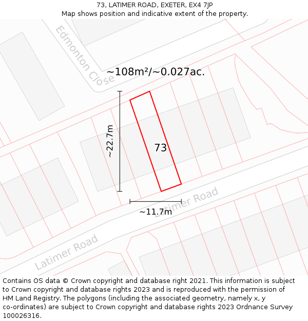73, LATIMER ROAD, EXETER, EX4 7JP: Plot and title map