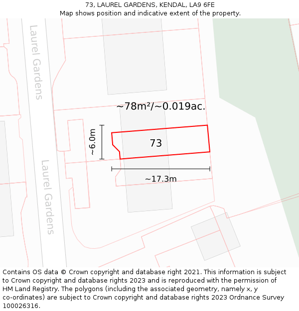 73, LAUREL GARDENS, KENDAL, LA9 6FE: Plot and title map