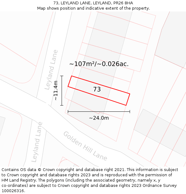 73, LEYLAND LANE, LEYLAND, PR26 8HA: Plot and title map