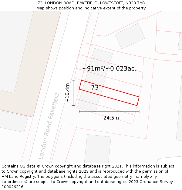 73, LONDON ROAD, PAKEFIELD, LOWESTOFT, NR33 7AD: Plot and title map